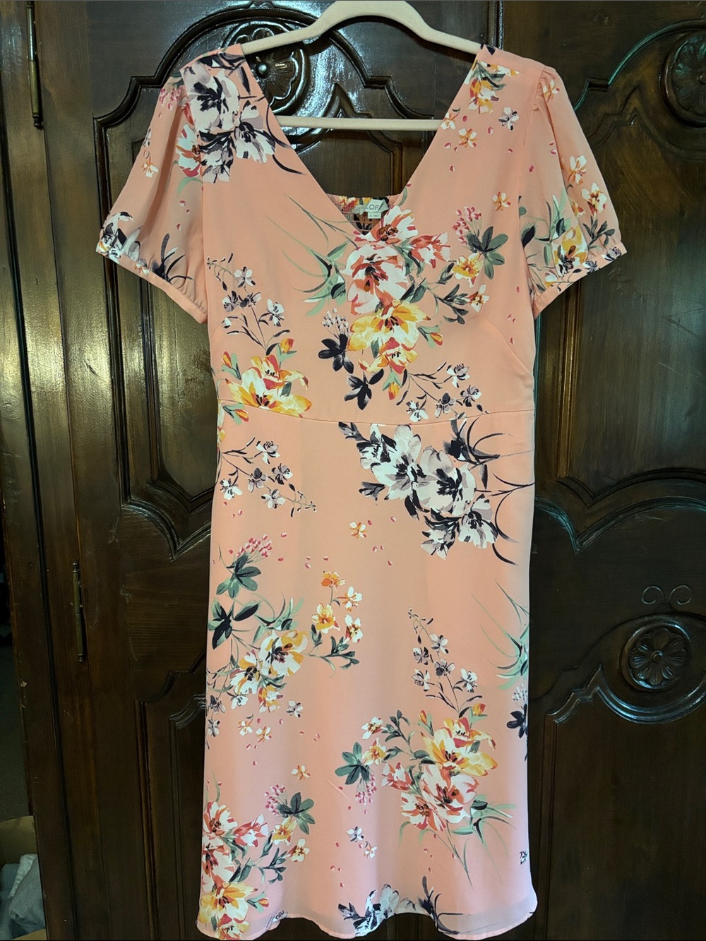 LOFT Peach Floral V-Neck Midi Dress